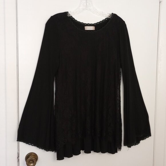 Altar'd State Tops - Altar'd State Black Lace Overlay Bell Sleeved Tunic Blouse